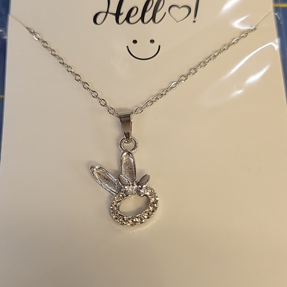 Silver Tone Bunny Rabbit Rhinestone Pendant 18" + 2" Extension Necklace